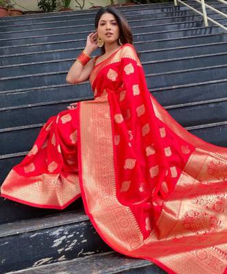 Vibrant crimson red silk blend saree with gold motifs 2
