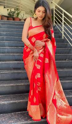 Vibrant crimson red silk blend saree with gold motifs 1
