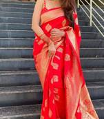 Vibrant crimson red silk blend saree with gold motifs