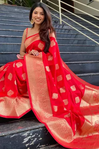 Vibrant crimson red silk blend saree with gold motifs