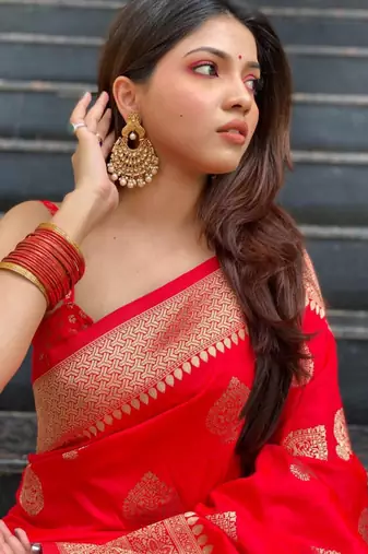 Vibrant crimson red silk blend saree with gold motifs