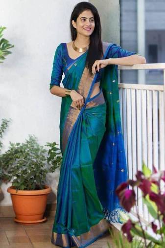 Gradient emerald green and blue silk blend saree