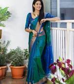 Gradient emerald green and blue silk blend saree