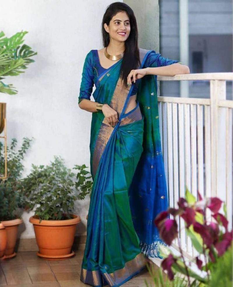 Gradient emerald green and blue silk blend saree