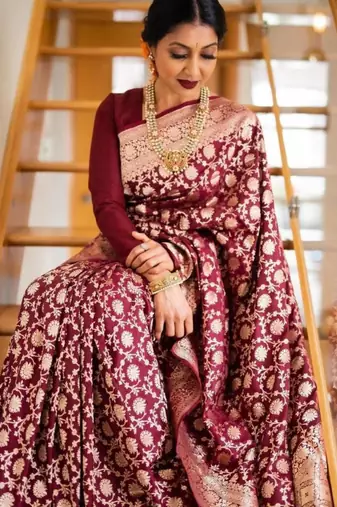 Rich burgundy silk blend saree with gold floral jaal