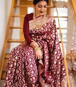Rich burgundy silk blend saree with gold floral jaal