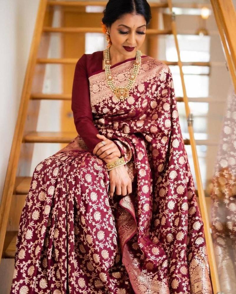 Rich burgundy silk blend saree with gold floral jaal