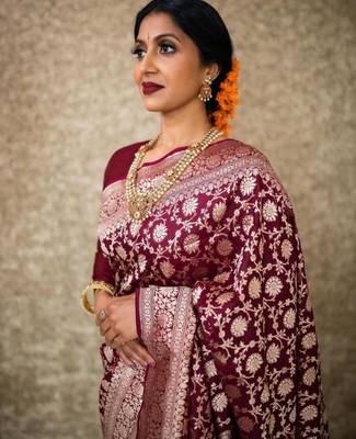 Rich burgundy silk blend saree with gold floral jaal 2
