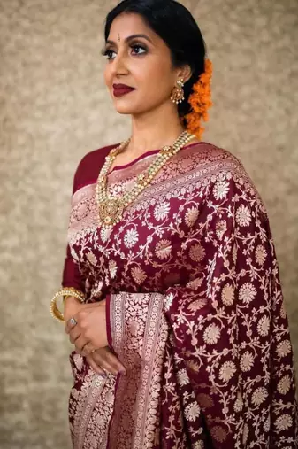 Rich burgundy silk blend saree with gold floral jaal