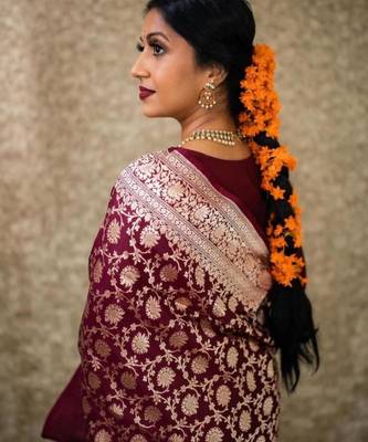 Rich burgundy silk blend saree with gold floral jaal 3