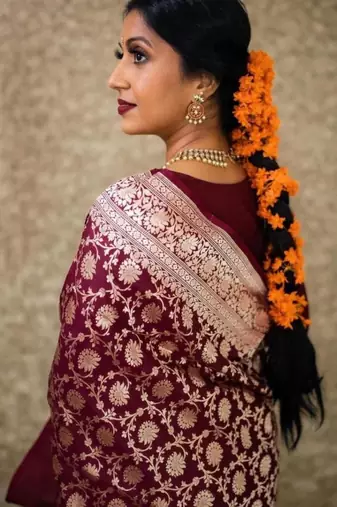 Rich burgundy silk blend saree with gold floral jaal