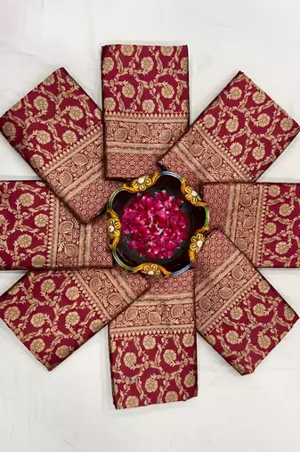 Rich burgundy silk blend saree with gold floral jaal