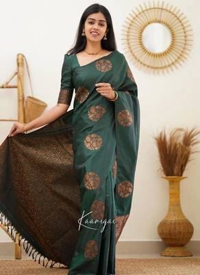 Deep teal silk blend saree with copper motifs 1