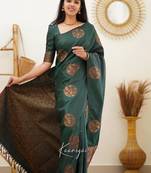 Deep teal silk blend saree with copper motifs