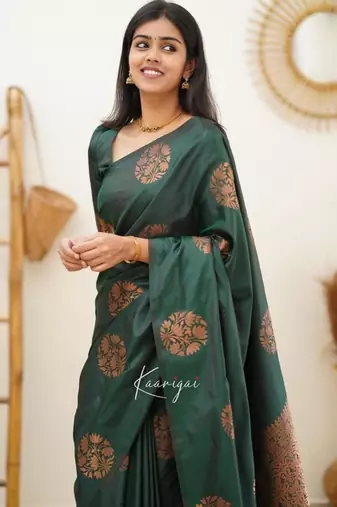 Deep teal silk blend saree with copper motifs