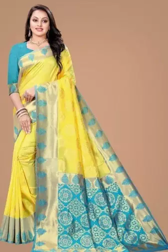 Radiant yellow silk blend saree with ornate teal border