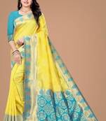Radiant yellow silk blend saree with ornate teal border