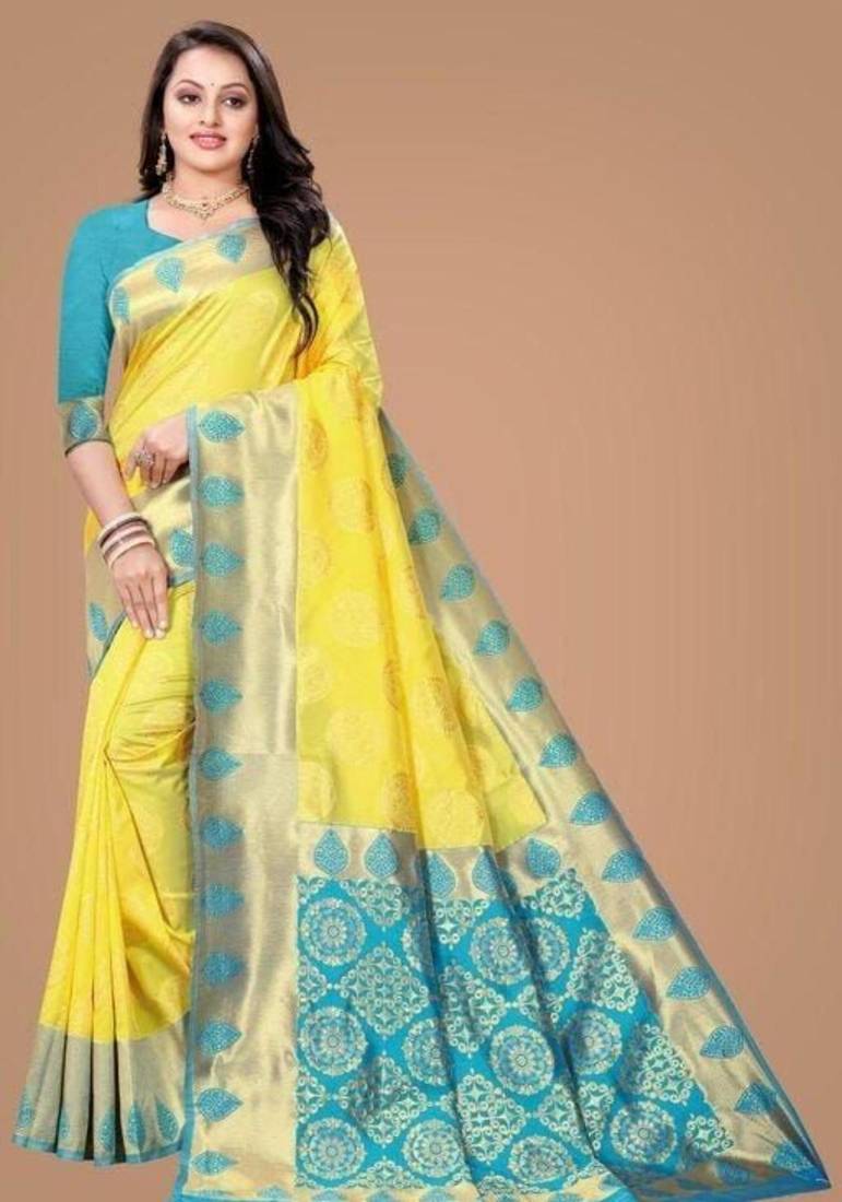 Radiant yellow silk blend saree with ornate teal border