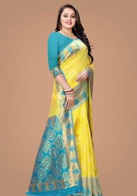 Radiant yellow silk blend saree with ornate teal border 2
