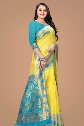 Radiant yellow silk blend saree with ornate teal border