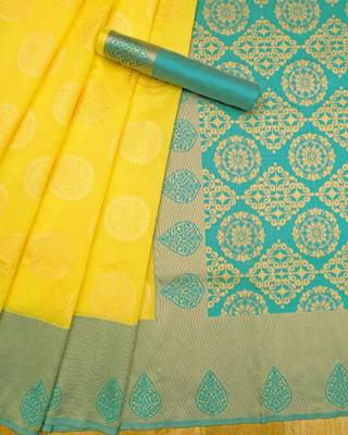 Radiant yellow silk blend saree with ornate teal border 4