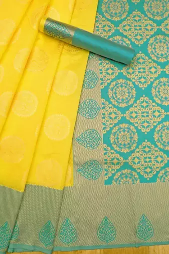 Radiant yellow silk blend saree with ornate teal border