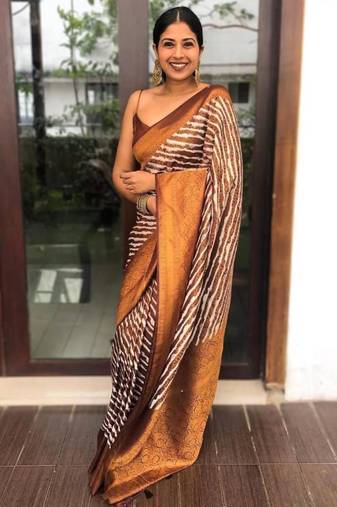 Abstract brown and white striped silk blend saree