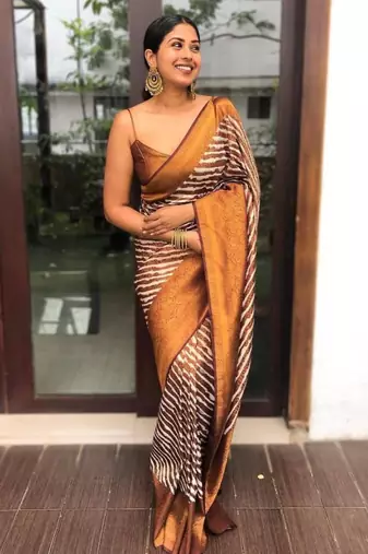 Abstract brown and white striped silk blend saree