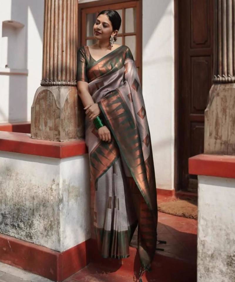 Sophisticated taupe silk blend saree with geometric border