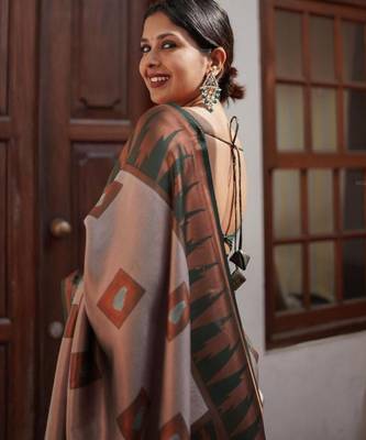 Sophisticated taupe silk blend saree with geometric border 2