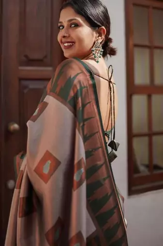 Sophisticated taupe silk blend saree with geometric border