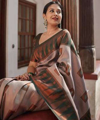 Sophisticated taupe silk blend saree with geometric border 3