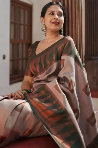 Sophisticated taupe silk blend saree with geometric border