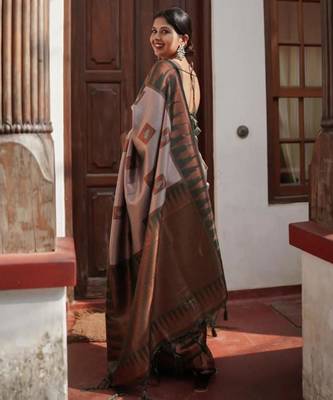 Sophisticated taupe silk blend saree with geometric border 4