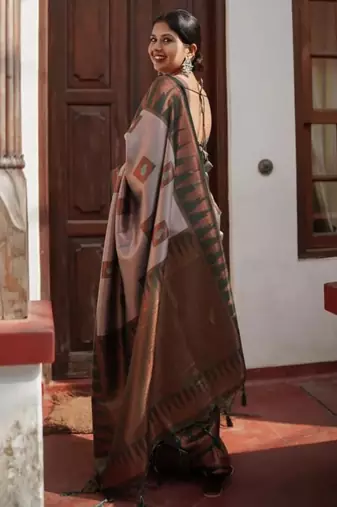 Sophisticated taupe silk blend saree with geometric border