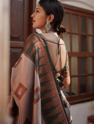 Sophisticated taupe silk blend saree with geometric border 5