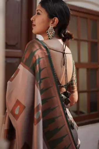 Sophisticated taupe silk blend saree with geometric border