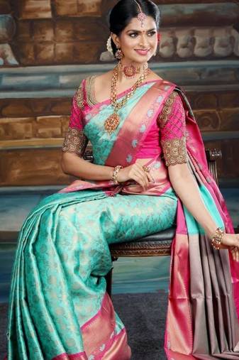Blue and pink silk blend saree with zari border