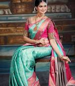 Blue and pink silk blend saree with zari border