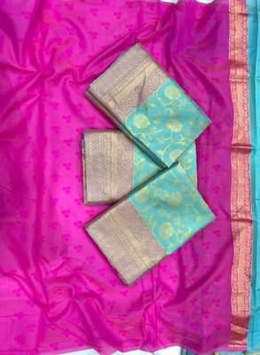 Blue and pink silk blend saree with zari border 2