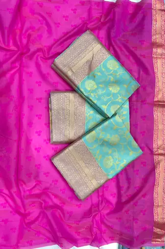 Blue and pink silk blend saree with zari border