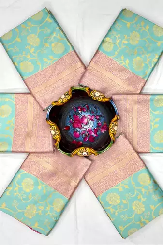Blue and pink silk blend saree with zari border