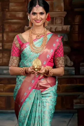 Blue and pink silk blend saree with zari border