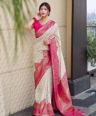 Cream and magenta silk blend saree with intricate zari 1