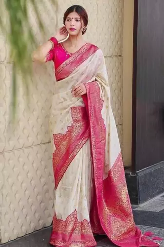 Cream and magenta silk blend saree with intricate zari