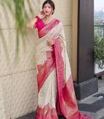 Cream and magenta silk blend saree with intricate zari