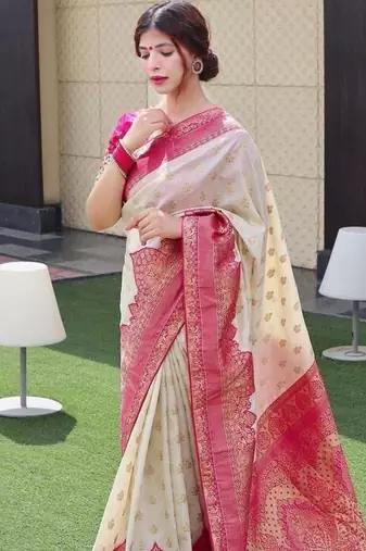 Cream and magenta silk blend saree with intricate zari