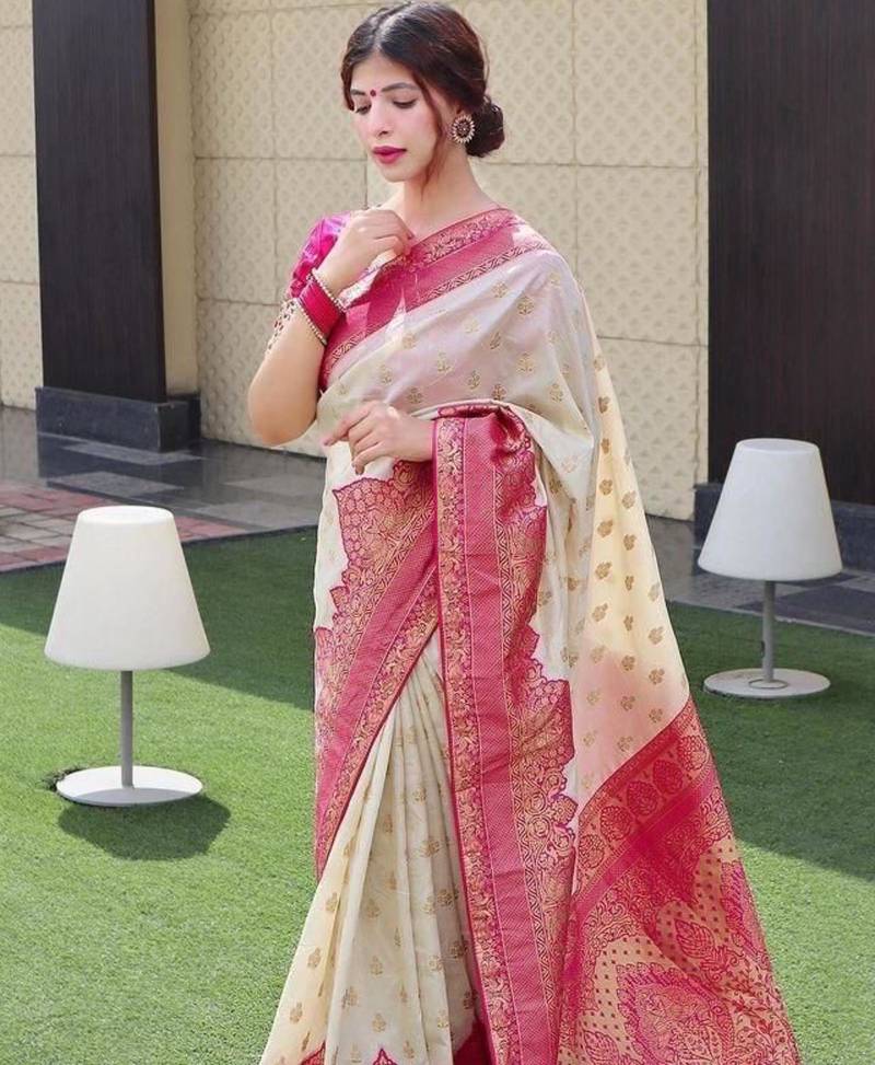 Cream and magenta silk blend saree with intricate zari