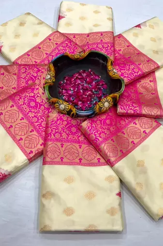 Cream and magenta silk blend saree with intricate zari