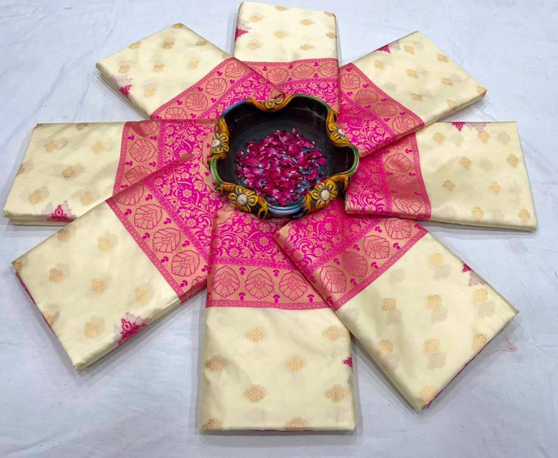 Cream and magenta silk blend saree with intricate zari